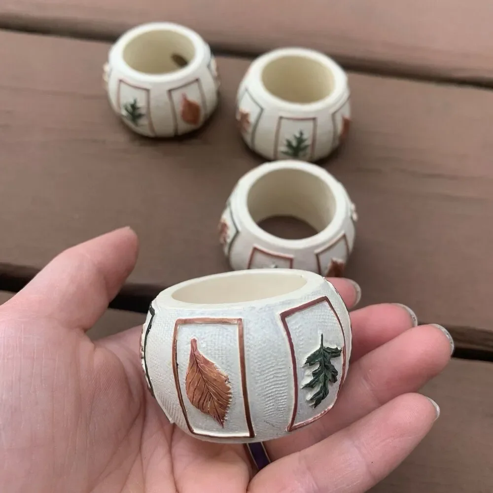 Vintage Napkin Rings 2” (4) Resin Leaves 3-D Autumn COTTAGE BOHO Thanksgiving